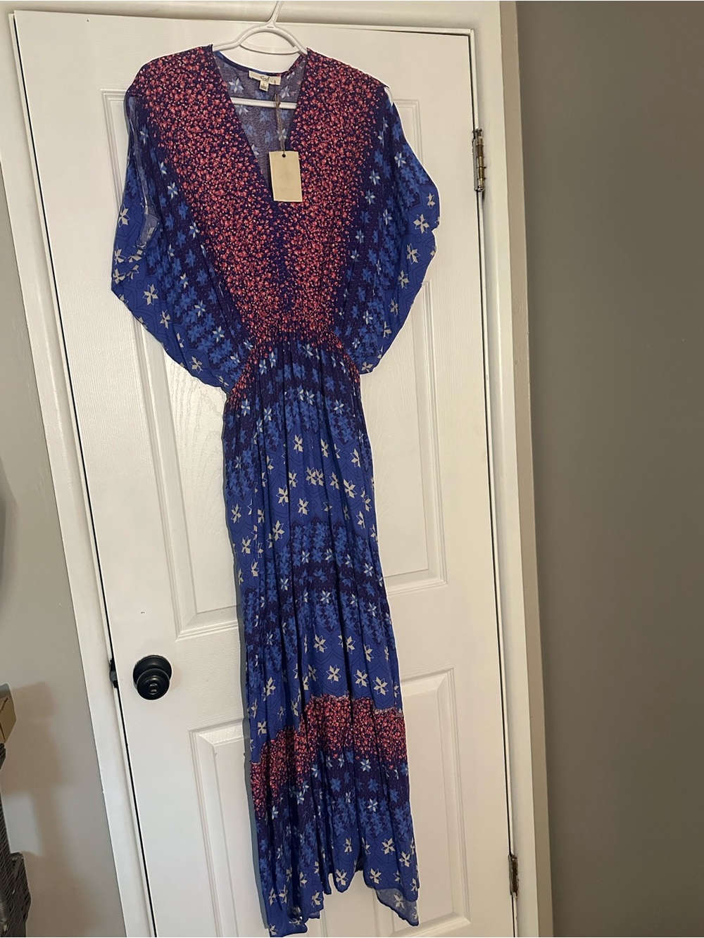 easel Blue Maxi Dress with pink Floral Yoke